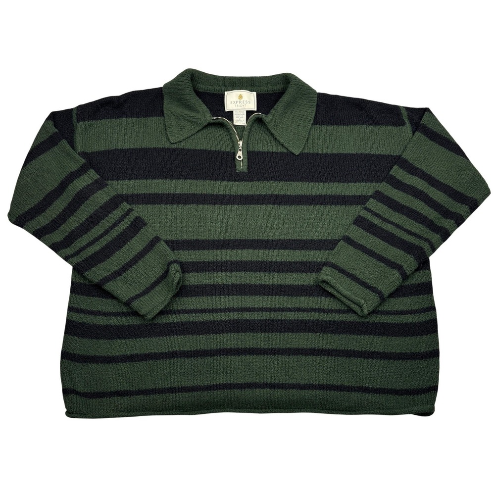 Vintage 90s Express Tricot Sweater Womens Medium Green Black Stripe Half Zip